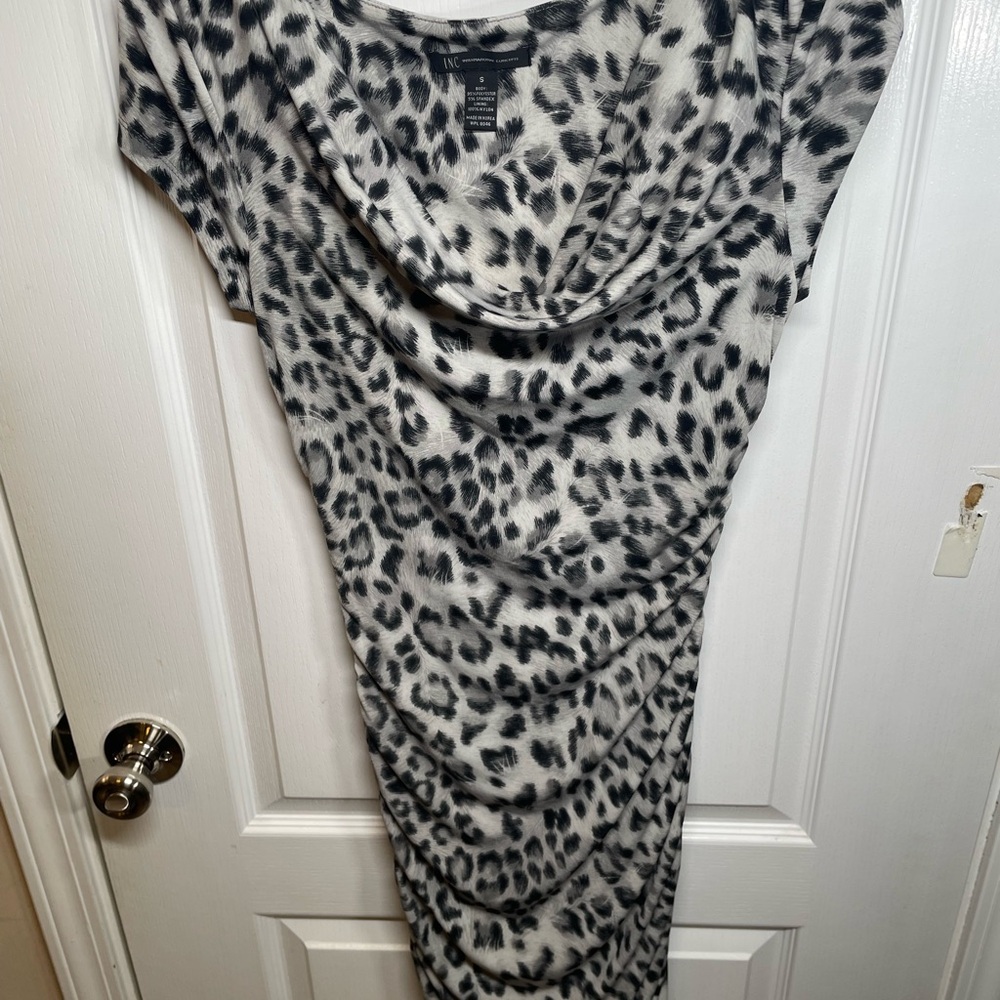 INC International Concepts Black and White Ruched Leopard print Bodycon Dress